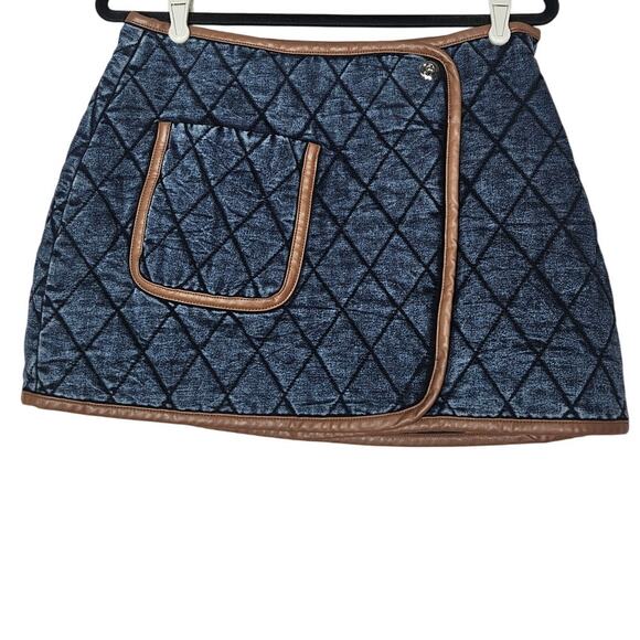 Jonathan Simkhai Standard M Blue Quilted Denim Micro Mini Skirt Leather Trim - Picture 1 of 3